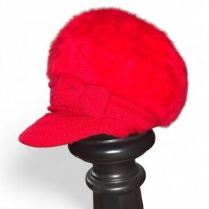 Vintage Y2K Red Fuzzy angora cadet cabbie new boy Cap with knit Bow and bill